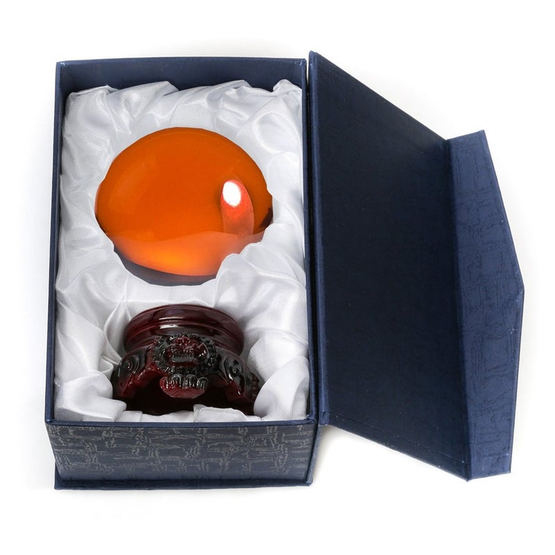Amlong Crystal 3 inch (80mm) Amber Crystal Ball with Redwood Lion Resin Stand and Gift Box for Decorative Ball  Lensball Photography  Gazing Divination or Feng Shui  and Fortune telling Ball - Image 2